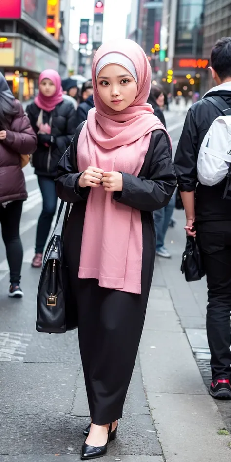 (beautiful Indonesian woman 25 aged).  Wearing ; (hijab, current fashionable fashion).  (54k street snapshot photohgraphy). Background; (urban street elite modified, sunset, Shibuya crossing).