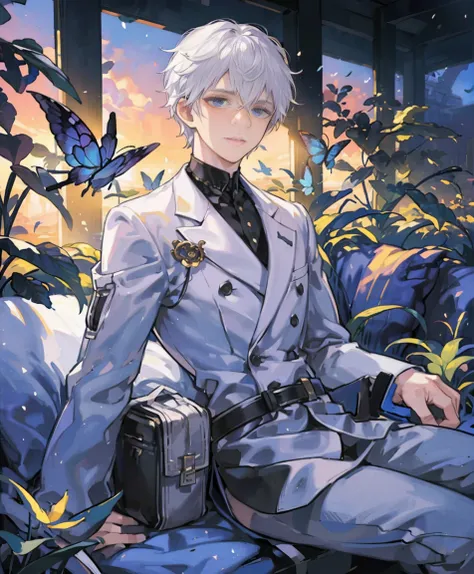 dynamic angle, splash art, high definition, full body, guy with white hair, sitting, surrounded by butterflies in a garden, soft boy, short hair, sunset lighting, dramatic lighting, looking at camera, young boy, light on face, camera angled slightly from a...