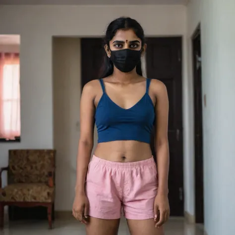 Full body shot of a poor 19 year old medium size Indian girl in pink shorts and blue top, wearing a black mask, at home, cleavage visible.