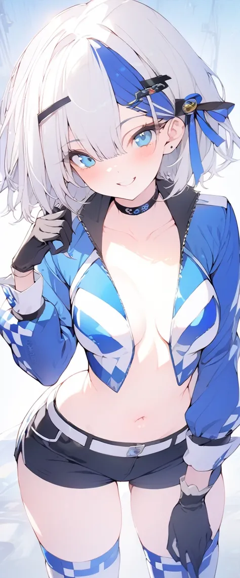 beautiful, masterpiece, Highest quality, anime, One girl, C Cup,Portrait Shot, View your viewers, Intricate details,>,((Covered、Short Hair、nearby、Blue Eyes、art、、White hair,Blue streaked hair、wallpaper、、hairpin、smile、Thighs、navel、Plainer_Race Queen、Plainer_...