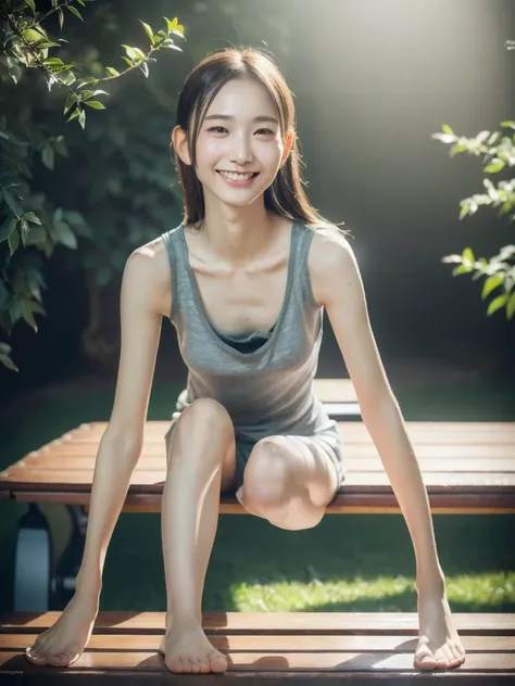 Beautiful young girl，Face lighting，最high quality， ((((Very smiling，Tank top，Beautiful feet，Sit on a bench，garden)))，非常にBeautiful detailsな顔, (Slender body:1.4), (Detailed face:1.2), Conceptual Art, high quality, Realistic, Very detailed CG 統合 8k 壁紙, Very de...