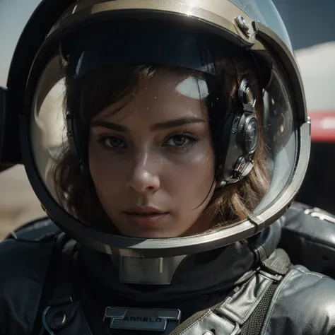 a close up of a woman in a helmet and a helmet on, 2 0 2 1 cinematic 4 k framegrab, barbarella, by Anna Katharina Block, fighter pilot in the cockpit, moody : : wes anderson, retro photography, furious gorgeous woman, sixties, faster, awarded on cgsociety,...