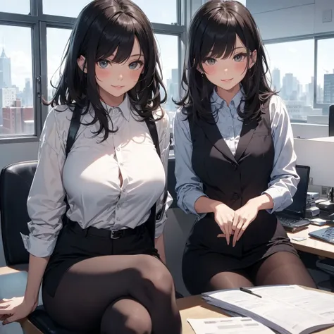 1lady sitting (crossed legs), office worker (stylish outfit), (gray vest) (pencil skirt), mature female, /(dark brown hair/) bangs, blush kind smile, (masterpiece best quality:1.2) delicate illustration ultra-detailed, large breasts, pantyhose BREAK (moder...