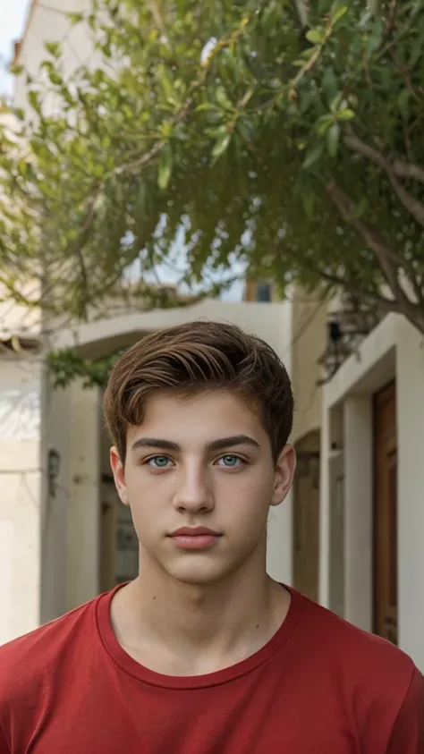 Handsome boy red shirt 17 years old green eyes attractive Greek boy Green eyes attractive greek boy 