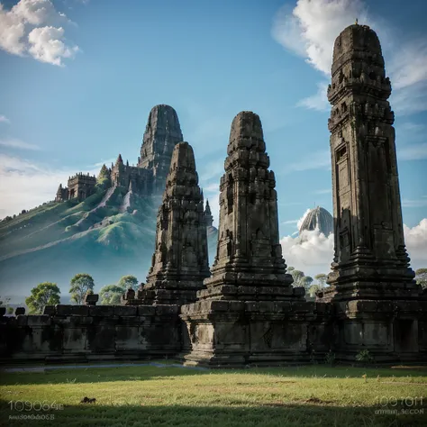 Photograph Prambanan Temple with Mount Merapi towering in the distance, adding a majestic natural element to the historical and beautiful scene