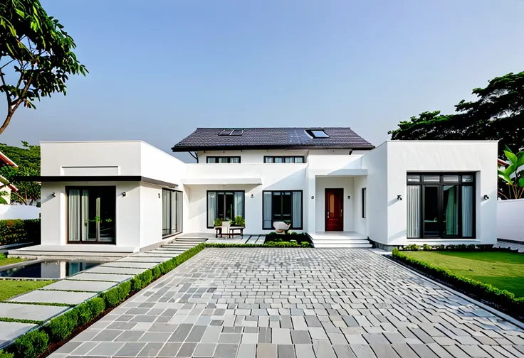 small white house with a stone walkway in the yard, roof tile, inter dimensional villa, passive house, a long-shot from front, c...