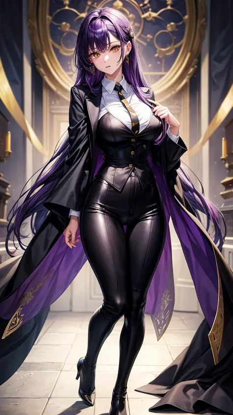 (masterpiece), best quality, expressive eyes, perfect face, purple hair, yellow eyes, legs, women, black suit, black pants, sexy, 