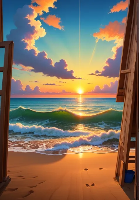 ghibli anime style, painting of a small lifeguard hut on the beach, beautiful sunset over the ocean, full clouds in the sky, symmetrical framing, volumetric lighting, vibrant color