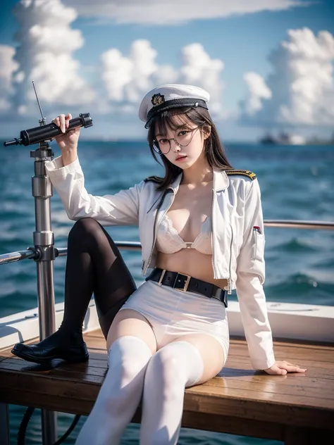 ((((Full body of a woman with perfect flat chest、Short unkempt black hair、white military jacket、Miko costume、tights、Black glasses、White military cap、Cloudy eyes、Sleepy expression)))), (((masterpiece))), (((Shipgirl))), ((Floating on the morning sea with bo...