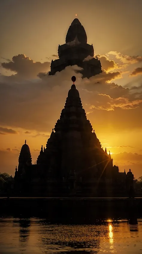 Capture the view of Prambanan Temple at sunrise, with the orange sky and the majestic silhouette of the temple standing in the foreground.