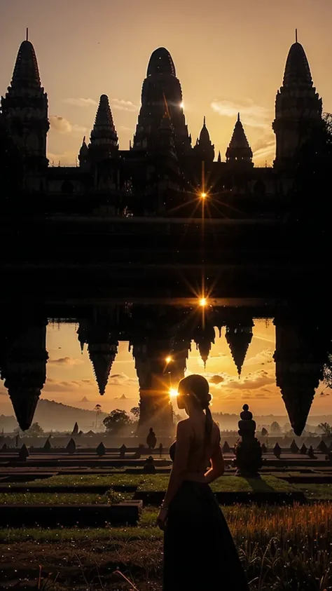 Capture the view of Prambanan Temple at sunrise, with the orange sky and the majestic silhouette of the temple standing in the foreground.