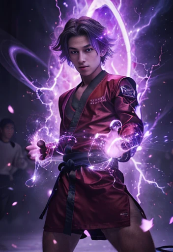 ((1 boy of 20 years old)), (( with lighting energy aura)),Raw photo,ultra realistic, uhd, realistic skin and hairs, best quality,16k resolution,vivid colors, luminous effects, high purple hairs, 20 years old , martial arts dresses