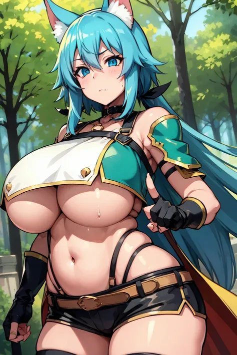 nsfw, sinon 1, short hair with long hair, hair between eyes, blush, side lock, huge breasts, revealing clothes, blue clothes, gloves, Thighhighs, (off shoulder, bare shoulders), (underboob:1.5), (abdomen, belly button, T-back),
sinon 1, animal ears, black ...