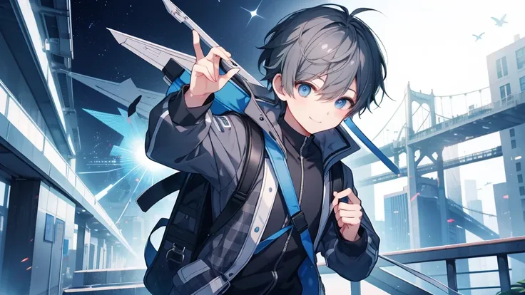 1 boy、High school boys、Highest quality, Tabletop, Beautiful Face、Jet Black 、Gray Hair、short hair、whole body、smile、smile、Carrying a blue and white checked backpack、School Background、