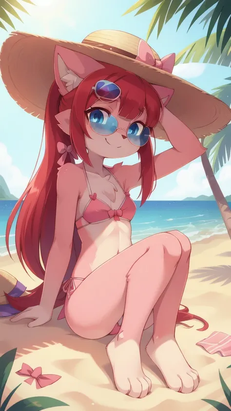 furry girl, cat, red hair, Knight bangs hairstyle, long ponytail, anime style, medium breasts, blue eyes, ((bright pink bikini bandeau with bow in the center, side bows at the bottom, sunglasses up head, wide-brimmed hat)), high quality, detailed body, det...