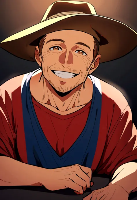 40 year old man, brown hair, brown eyes, wearing a dark yellow hat, blue tank top, red t-shirt underneath, smiling.