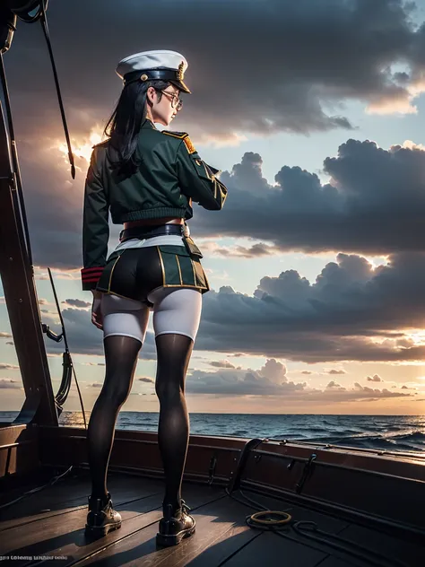 ((((Full body of a woman with perfect flat chest、Short unkempt black hair、white military jacket、Miko costume、tights、Black glasses、White military cap、Cloudy eyes、Sleepy expression)))), (((masterpiece))), (((Shipgirl))), ((Floating on the morning sea with bo...