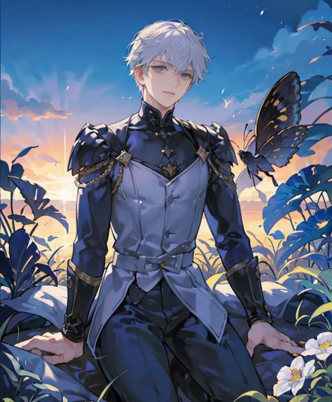 dynamic angle, splash art, high definition, full body, guy with white hair, sitting, surrounded by butterflies in a garden, soft...