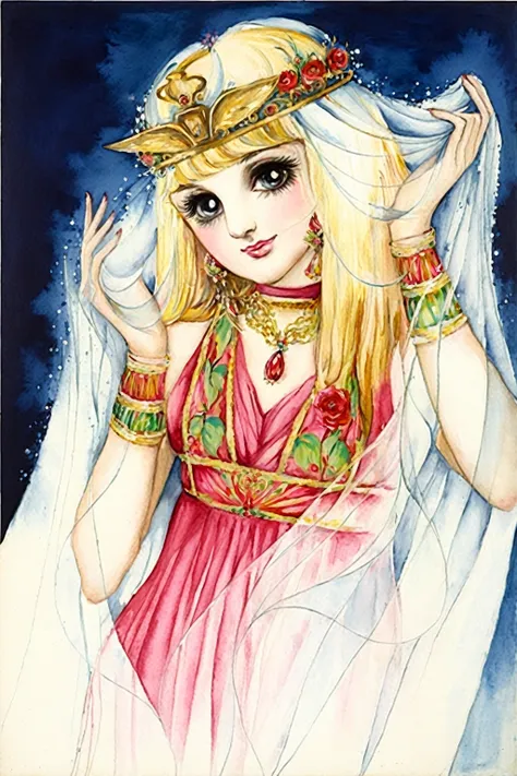 une peinture d'une femme portant une robe rose ,porte une couronne d&#39;or, galaxie de marin. équitable, déesse anime, princess...