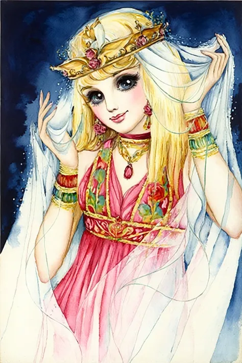 une peinture d'une femme portant une robe rose ,porte une couronne d&#39;or, galaxie de marin. équitable, déesse anime, princess...