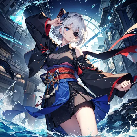 (((1 person　Put on an eye patch　Gray Hair)))　((High resolution　short hair　Black kimono　Shoulder　Rin々Funny face　knifeを胸の前で構える))　((Black Band　samurai　Lonely　despair　blue eyes　Close-up))　((Blue Butterfly　night　Japanese style　old　Shining Aura　garden　water surf...