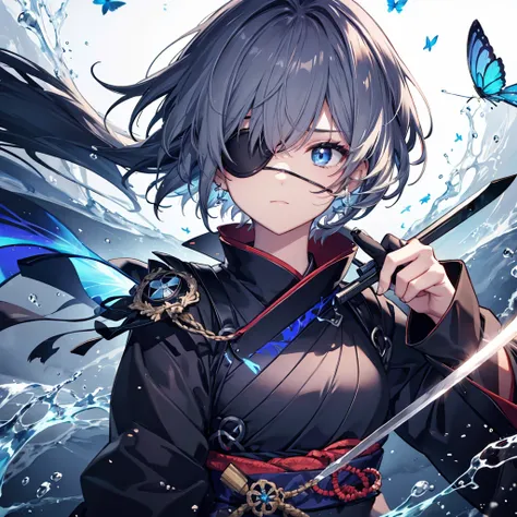 (((1 person　Put on an eye patch　Gray Hair)))　((High resolution　short hair　Black kimono　Shoulder　Rin々Funny face　knifeを胸の前で構える))　((Black Band　samurai　Lonely　despair　blue eyes　Close-up))　((Blue Butterfly　night　Japanese style　old　Shining Aura　garden　water surf...