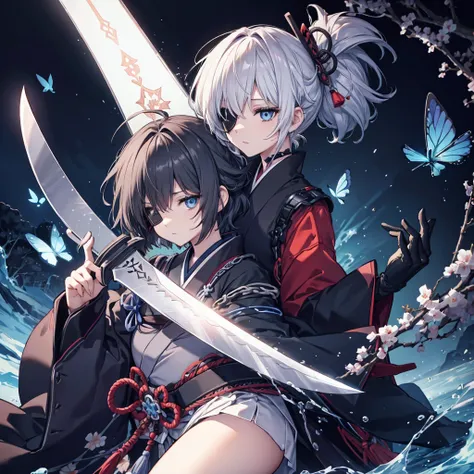 (((1 person　Put on an eye patch　Gray Hair)))　((High resolution　short hair　Black kimono　Shoulder　Rin々Funny face　knifeを胸の前で構える))　((Black Band　samurai　Lonely　despair　blue eyes　Close-up))　((Blue Butterfly　night　Japanese style　old　Shining Aura　garden　water surf...