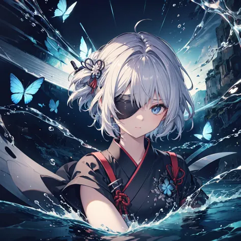 (((1 person　Put on an eye patch　Gray Hair)))　((High resolution　short hair　Black kimono　Shoulder　Rin々Funny face　knifeを胸の前で構える))　((Black Band　samurai　Lonely　despair　blue eyes　Close-up))　((Blue Butterfly　night　Japanese style　old　Shining Aura　garden　water surf...