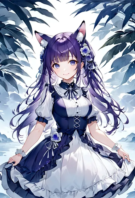 (masterpiece, Highest quality: 1.2),1. One, Beautiful Eyes,， （（Lolita））Natural Breasts（8K）（High resolution）（（Highest quality））， （（Surrealism））、Purple Hair、Long Hair、Animal ears、smile