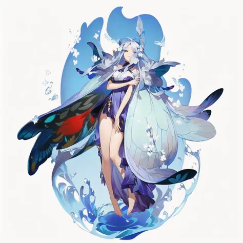 anime girl with wings and a dress with flowers, white haired deity, onmyoji, water fairy, onmyoji detailed art, beautiful fantas...