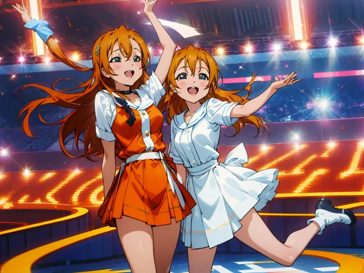 Anime style, Kouko Kaga and Honoka Kousaka performing with millions of idols, (Kouko Kaga, blonde hair, amber eyes, happy, height:163cm), (Honoka Kousaka, orange hair, blue eyes, happy, height:157cm), idol, multiple girls, million of girls, thousand girls,...