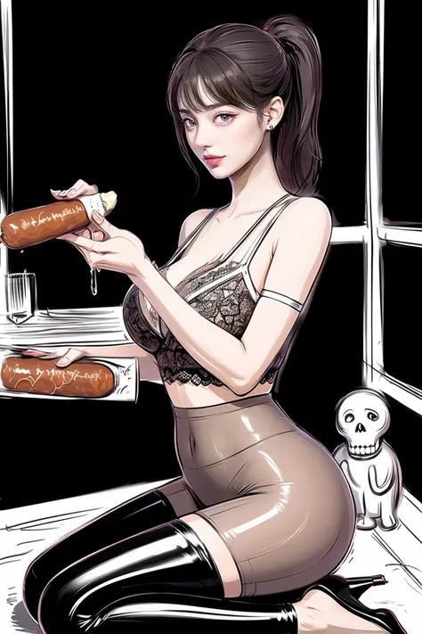 The beautiful girl in lace top and leggings is sitting astride a pile of skeletons in the center of the picture. She is holding a trembling sausage with juice squeezed out in her hand and smiling. There are multiple comic storyboards in the background，cbt,...