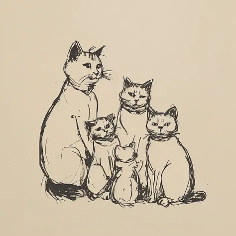 black and white drawing of a cat joining his family