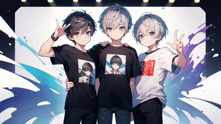 1 boy、Male college student、Highest quality, Tabletop, Beautiful Face、T-Shirts、Black skinny jeans、Gray Hair、short hair、whole body、smile、smile、School Background、