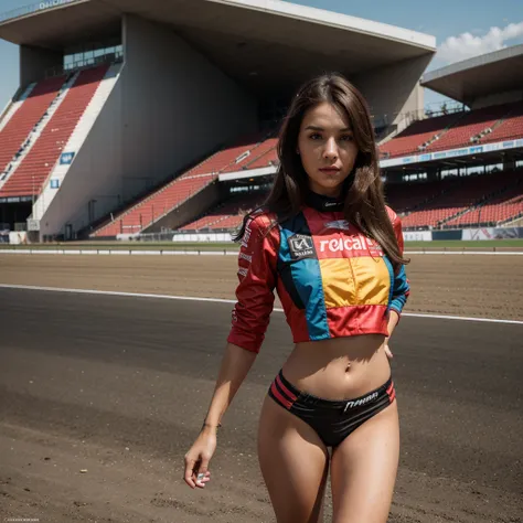 1girl in, 30 years old, Square face, Long hair, Looking at viewer, jewelry, Realistic, Sexy, racing outfit, colorful outfit, F1 racetrack background, freestyle pose