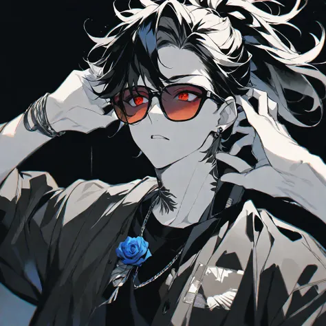 Solo,handsome, monochrome,watercolor,1 male, Ponytail, Braided black hair, red eyes, Gojo Satoru,casual,Blue Rose Tattoo,black Oversized 服,casual,Stylish,cool,Wear sunglasses around your neck,Void,look up,
blackbackground,İcon,Despise face up