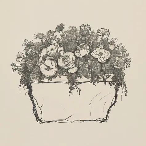 black and white drawing of a treasure made of flowers