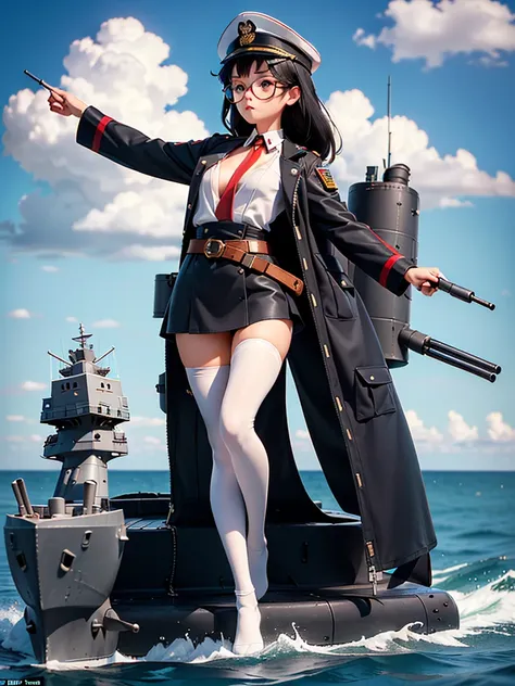 ((((Full body of a woman with perfect flat chest、Short unkempt black hair、white military jacket、Miko costume、tights、Black glasses、White military cap、Cloudy eyes、Sleepy expression)))), (((masterpiece))), (((Shipgirl))), ((Floating on the morning sea with bo...