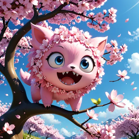 A cute sakura blossom monster with big eyes and a soft pink hue, gracefully floating in the spring breeze. The cartoon character is designed in the style of Pixar animation studio, created using C4D software. It has delicate petals and a gentle expression,...