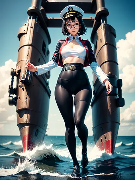 ((((Full body of a woman with perfect flat chest、Short unkempt black hair、white military jacket、Miko costume、tights、Black glasses、White military cap、Cloudy eyes、Sleepy expression)))), (((masterpiece))), (((Shipgirl))), ((Floating on the morning sea with bo...