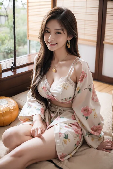 high quality,8K, Detailed facial depiction, Detailed description of the eyes,One Woman, Light brown hair(Medium-long hair),Beautiful Japanese Girl,24-years-old,Cute eyes,Cute Smile,Yukata beauty,The yellow floral yukata is open and very sexy.,The front of ...