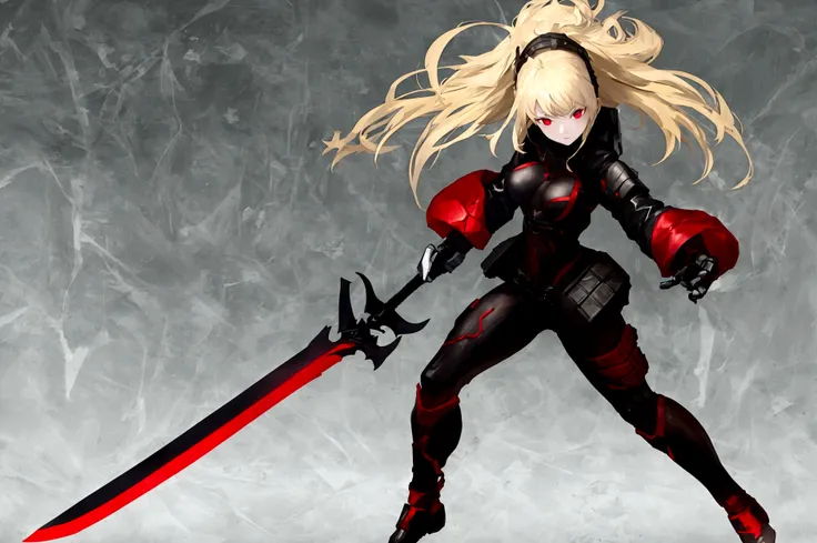 1girl, blond hair, red eyes, wearing a full bodysuit, a sword in in her hand, full body in picture, turned towards viewer