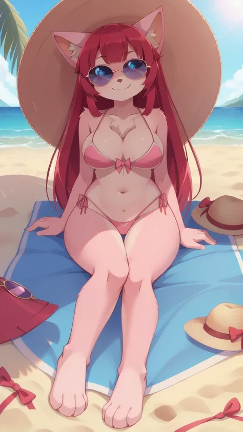 furry girl, cat, red hair, Knight bangs hairstyle, long ponytail, anime style, big breasts, blue eyes, ((bright pink bikini bandeau with bow in the center, side bows at the bottom, sunglasses up head, wide-brimmed hat)), high quality, detailed body, detail...