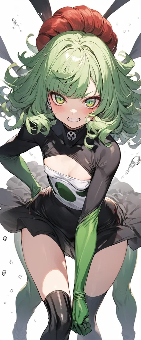 1girls, Tatsumaki, one punch man, green hair, green eyes, (black dress:0.7), (pelvic cutain:0.5), small breast