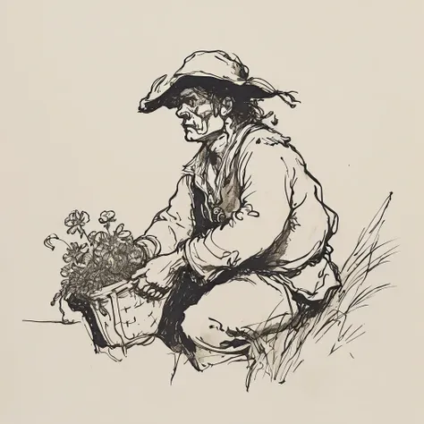 black and white drawing of a pirate finding a treasure made of flowers