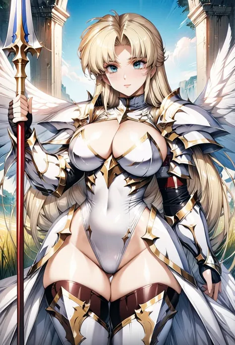 ((highest quality)), ((masterpiece)), ((hyperrealistic)), (detailed background), solo, 1girl, ((curvy: 1.2)), kawaii, gentle smile, ((angel knight)), langrisser, blonde braided long hair, stylish pose, ((white leotard: 1.5)), (white paladin armor: 1.3), ((...