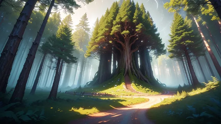 ((((night，forest)))), Giant Tree, Surrealist Concept Art, Giant Trees, Composed of trees and fantasy valley, Unreal Engine fantasy art, Beautiful 3D concept art, Concept Art Wallpaper 4K, Environmental Art, 4k fantasy art, realistic fantasy rendering, styl...