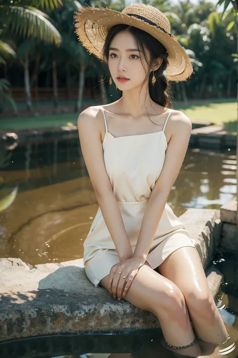 (((best quality))),(((ultra detailed))),(((masterpiece))),illustration,1 beautiful girl,slim,straw hat,shiny skin,dark Bronze colored skin,sweat,wet,flat chest,short Embroidered red cheongsam,bare arms,sitting in the Paddy pool filled with Rice seedlings,u...