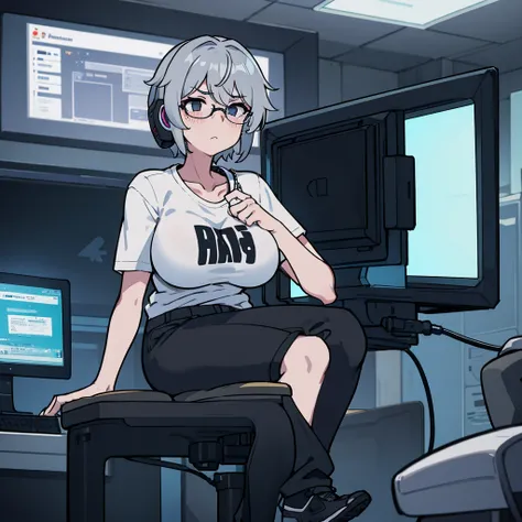 Gamer, female, short gray hair, cold face, Tired eyes, in the room, Wear a plain white t-shirt., Wear glasses, black eyes, Wear a black jacket, Wear headphones, Alone, big breasts, big , black shorts, sitting in front of the computer, fullbody,