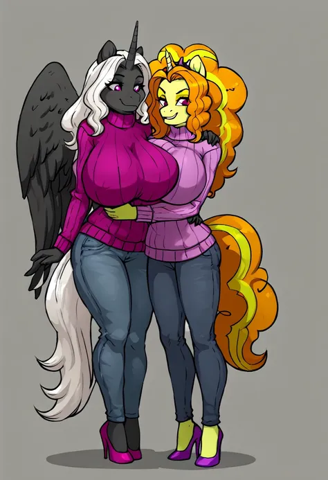  Alicorn princess female and Adagio Dazzle  , white mane, ,black body color  long flowing  mane pink  eyes anthro huge breasts smiling ,clothing ,jeans sweater lesbians sexy  high heels hugging ,